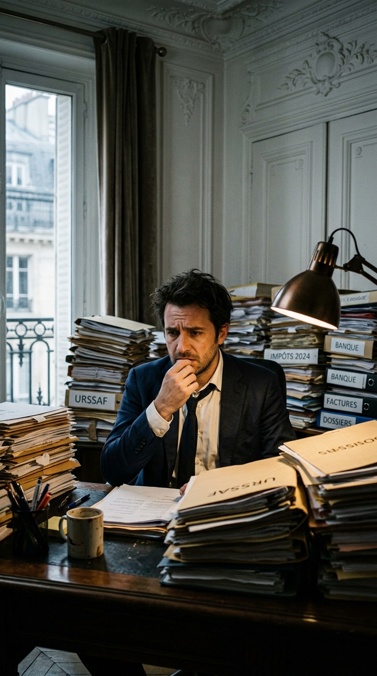 Dirigeant submergé par des piles de dossiers et de factures papier